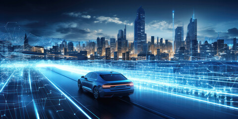 Electric vehicle driving at modern urban city night on highway, skyscrapers in background, automated self-driving in futuristic, future car software technology, autonomous sensor software.