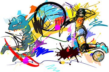 volleyball player jump over net  hit balls and brush style