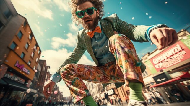 Photo of a leprechaun on a skateboard, cruising down a vibrant city street. He's dressed in retro fashion with a polka-dotted bowtie and high-waisted trousers.