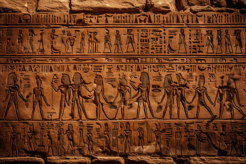 close-up of hieroglyphic carvings on an ancient Egyptian temple wall, highlighting the intricate details.