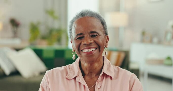 Happy, sofa and face of senior black woman in retirement home with cheerful, joy and smile in house. Laugh, living room and portrait of elderly person with confidence, relax and wellness in morning