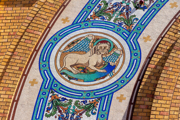 Oran, Algeria : Mosaic decoration detail of the Sacred Heart Cathedral of Oran, Algéria. The cathédrale du Sacré Coeur is now a municipal library. - obrazy, fototapety, plakaty
