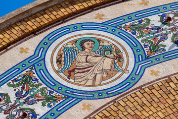 Fototapeta na wymiar Oran, Algeria : Mosaic decoration detail of the Sacred Heart Cathedral of Oran, Algéria. The cathédrale du Sacré Coeur is now a municipal library.
