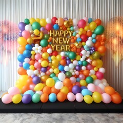 Fototapeta na wymiar colorful happy new year party with glitter and balloons
