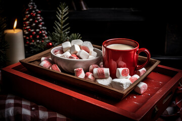Fototapeta premium New Year's Red Mug with Marshmallows in Wooden Tray