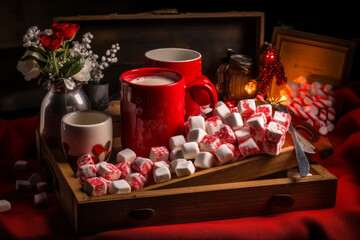 New Year's Red Mug with Marshmallows in Wooden Tray