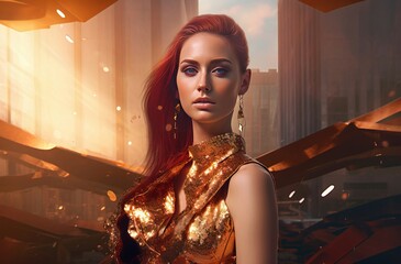 Fashion super woman model gold. Luxury power girl design. Generate Ai