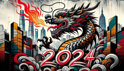 A fierce Chinese dragon coils dynamically around the year "2024," depicted in bold red brush strokes that evoke the traditional calligraphy of Asian heritage