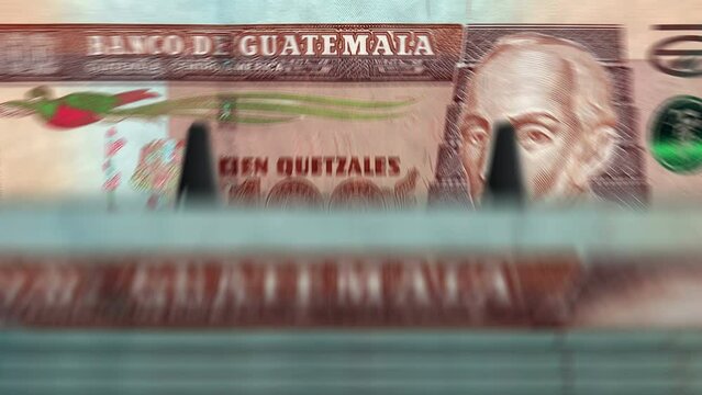 Guatemala quetzal money counting machine with banknotes. Quick 1000 DOP currency note down rotation. Business and economy. Concept loopable and seamless background.