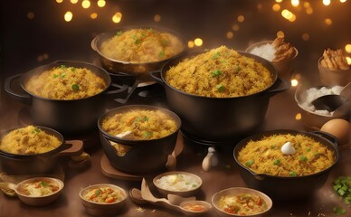 Chicken Biryani, tosses fried rice with egg, and chicken over steamy temperatures on the wooden table, Bokeh lights background, celebration mode