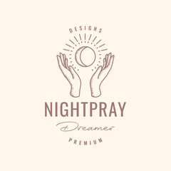 hand hope crescent sunburst engrave style line simple vintage hipster logo design vector icon illustration