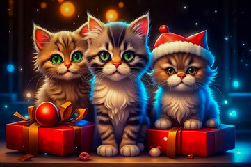 Beautiful cute cats with Christmas gifts in a festive interior