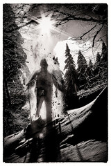 Ghost of winter, snow man on wooden skis