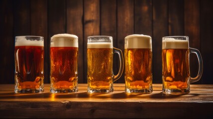 Refreshing Beer Beverage on Wooden Table - Four Glasses of Ice Cold Beer in Stein Mugs for Bar Drinking - obrazy, fototapety, plakaty