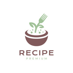 bowl with fork plant leaves vegetable food recipe cuisine modern logo design vector icon illustration