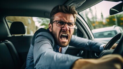 Stressed Angry Driver in Traffic Jam Rushes Home in Frustration with Car and Vision of Bankruptcy