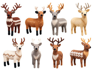 Set/collection of diverse knitted deer with antlers. Isolated on a transparent background.