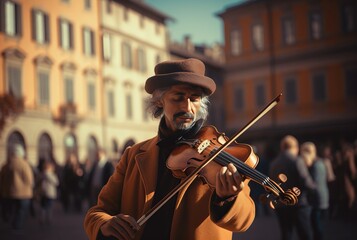 Violinist at city square. Urban people street tourism melody. Generate Ai - obrazy, fototapety, plakaty