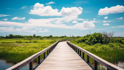 Fototapeta na wymiar Strolling Through the Beautiful Aransas NWR Boardwalk Amidst Shrubbery and Wildlife in Texas, US