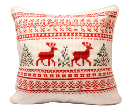 Christmas knitted pillow with Scandinavian pattern and deer. Isolated on a transparent background.