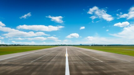 Fototapeta premium Sunny Airport Runway with Lush Grass and Planes Taking Off and Landing
