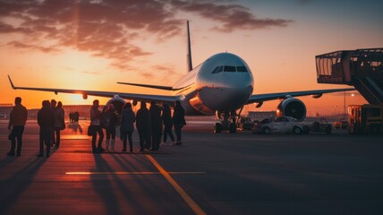 Sunset Scene at Airport Runway with Airplanes, Operators, and Passengers Loading and Unloading - obrazy, fototapety, plakaty