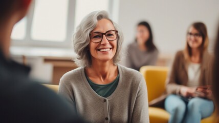 Supportive Therapist: Smiling Teacher Motivating Senior Adults in Therapy Session