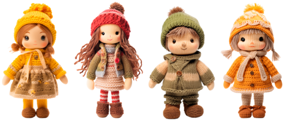 Set/collection of knitted dolls. Rag, soft, knitted dolls for girls and boys. Isolated on a transparent background.