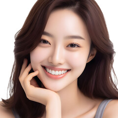 A closeup photo portrait of a beautiful young Korean model woman smiling with clean teeth. used for a dental ad. isolated on a Transparent background.PNG