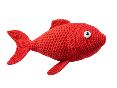 Knitted toy red fish. Isolated on a transparent background.