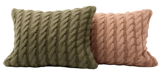 Two knitted green and beige pillows. Rectangular pillows for decorating a sofa in the living room....