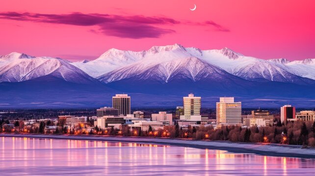 Vibrant Anchorage Alaska Skyline in Red, Featuring Cityscape with Colorful Buildings and Glowing Lights at Night
