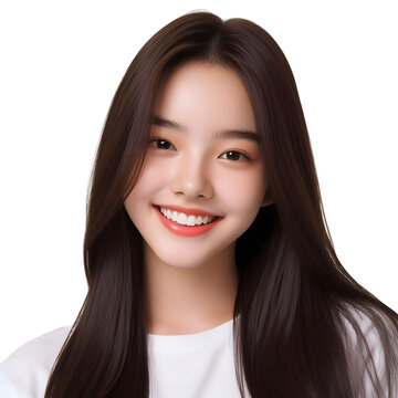 A closeup photo portrait of a beautiful young Korean model woman smiling with clean teeth. used for a dental ad. isolated on a Transparent background.PNG