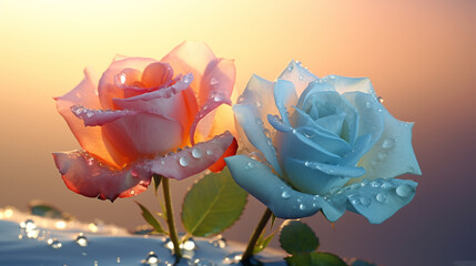  two colorful roses with clear color from a wide angle, self luminous petals