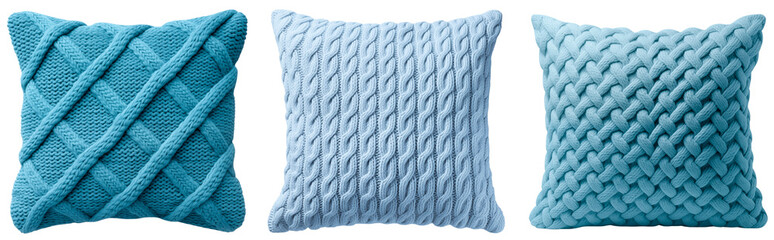 Set of knitted blue square pillows. A collection of large knitted pillows for sofa and bed decor. Isolated on a transparent background. - Powered by Adobe