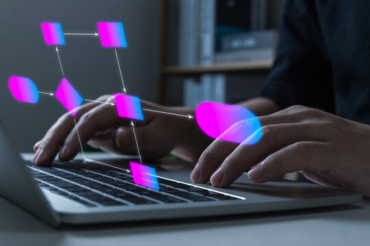 IT programmer people hand working on laptop computer with digital flowchart database diagram, workflow automation, software development, program developer, technology, software engineer concept