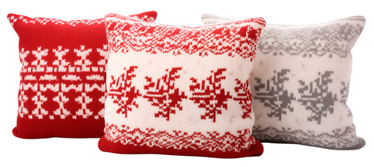 Christmas pillows with winter Scandinavian pattern. Three knitted pillows. Isolated on a transparent background.