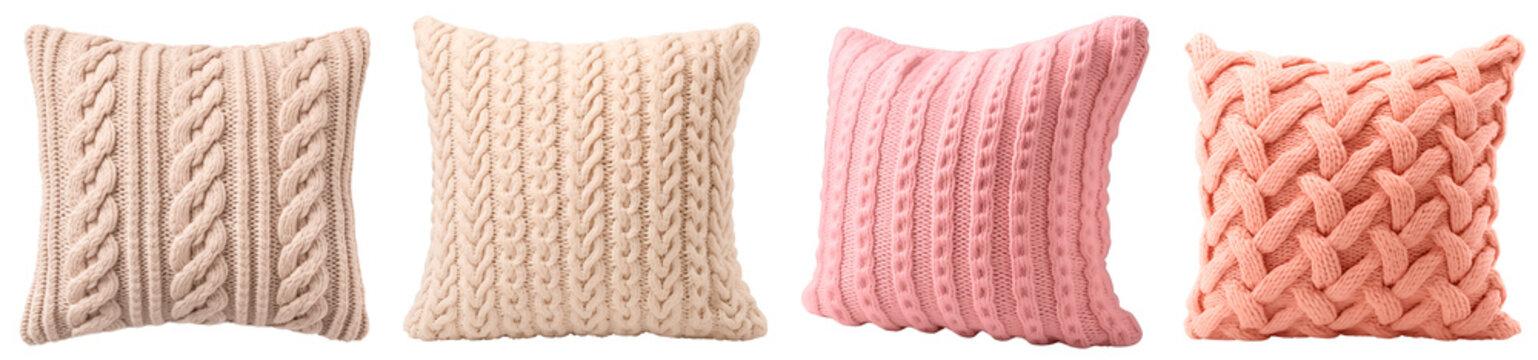 Set of knitted light pillows. Pink and beige chunky knit pillows. Modern cozy decorative pillows for the living room. Isolated on a transparent background.