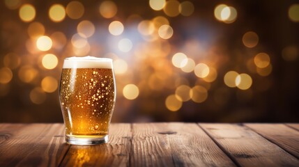 Beer glasses on wooden table, blurred lights, Generative Ai