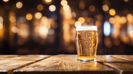 Beer glasses on wooden table, blurred lights, Generative Ai