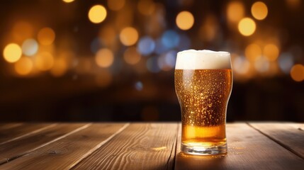 Beer glasses on wooden table, blurred lights, Generative Ai