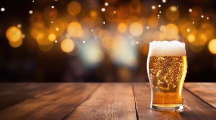 Beer glasses on wooden table, blurred lights, Generative Ai