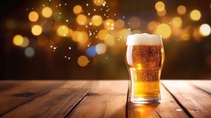 Beer glasses on wooden table, blurred lights, Generative Ai