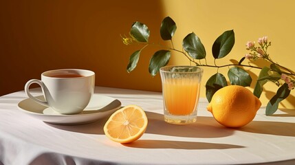 AI generated illustration of a cup of coffee near a glass of orange juice on a table with oranges