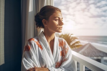 Woman in bathrobe at balcony at morning. Terrace vacation lifestyle standing. Generate Ai