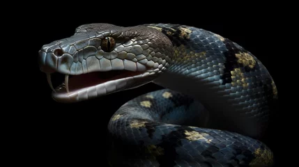 Fotobehang AI generated illustration of a beautiful black snake isolated on a black background © Wirestock