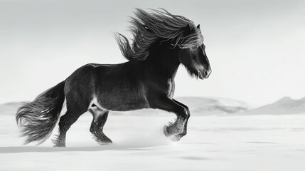 AI generated illustration of a beautiful majestic horse running through the snow