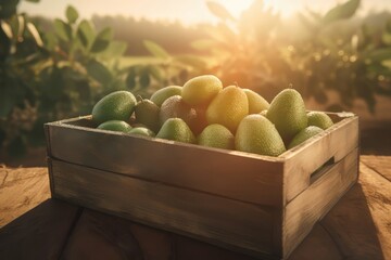 Avocado wooden box at sunset. Plant bio protein tropical food. Generate Ai