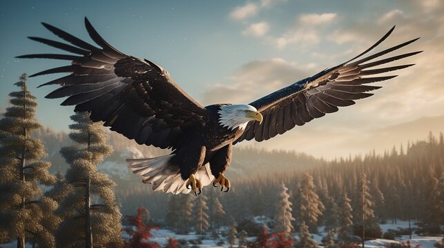AI generated illustration of a bald eagle soaring in the sky, its wings spread widely