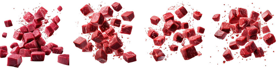 Falling meat beef cubes  Hyperrealistic Highly Detailed Isolated On Transparent Background Png File